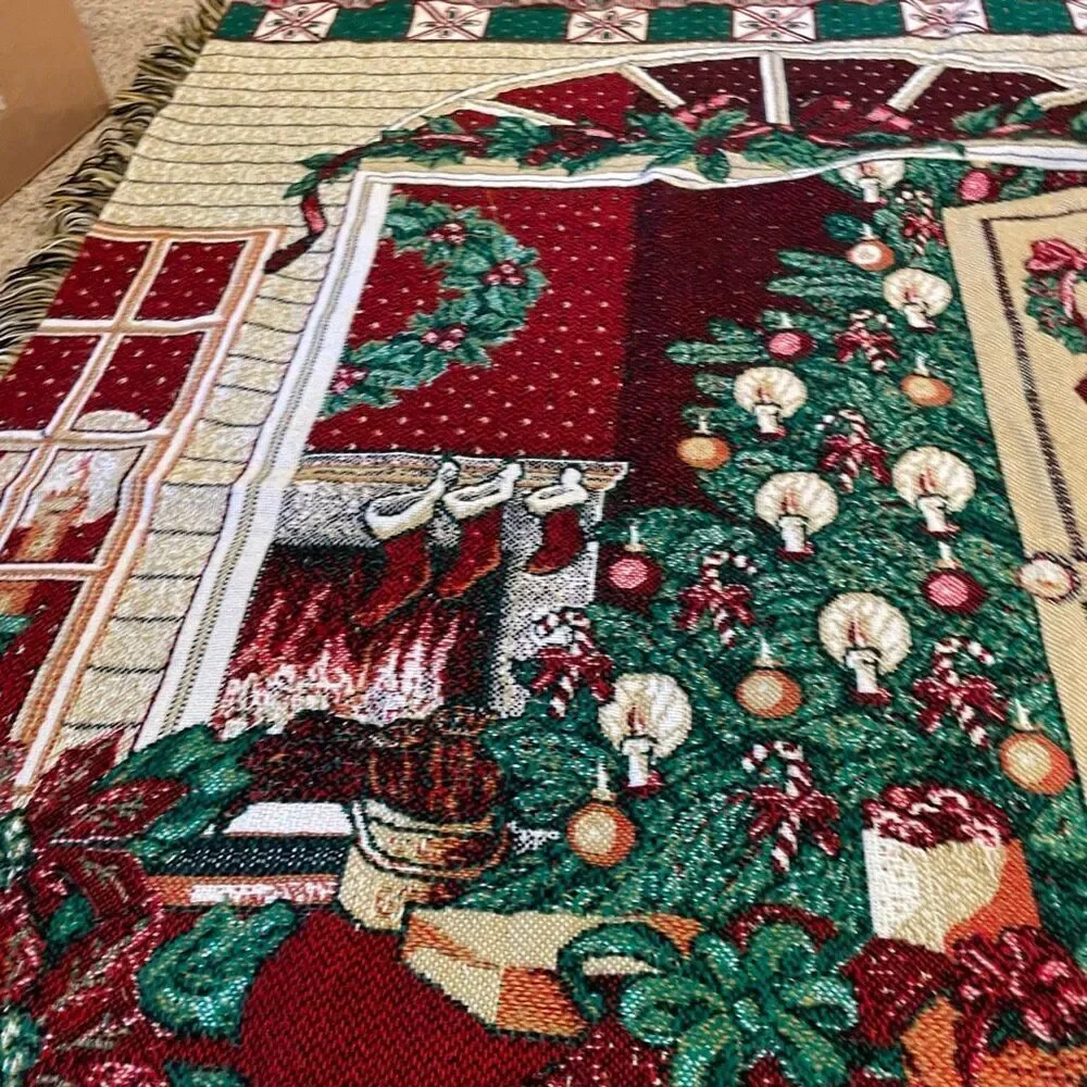 Home For Christmas Throw Blanket 44”x54” Afghan Tapestry Holiday Tree Stocking